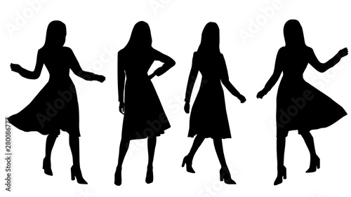Vector black silhouettes of beautiful stylish girl in flying dress