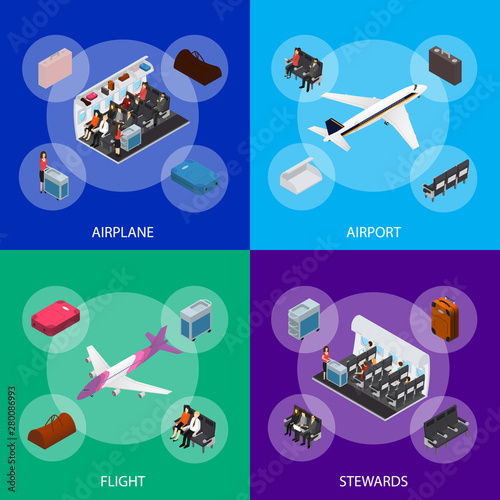 Airplane Interior Elements with People Banner Set Isometric View. Vector