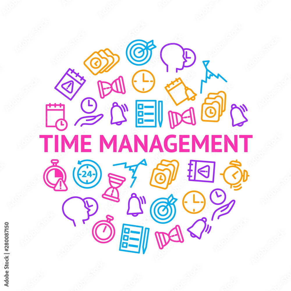Time Management Signs Thin Line Round Design Template Ad. Vector
