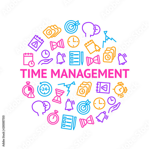 Time Management Signs Thin Line Round Design Template Ad. Vector