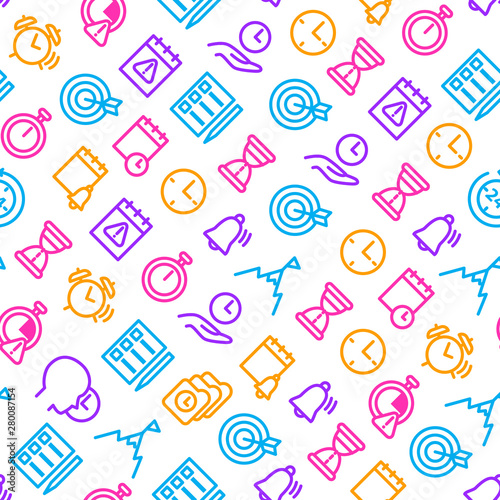 Time Management Signs Thin Line Seamless Pattern Background. Vector