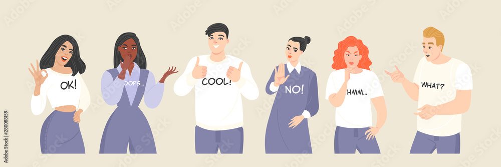 Set of vector illustrations of young people with different emotions and gestures. Set of vector illustrations of young people with different emotions and gestures.
