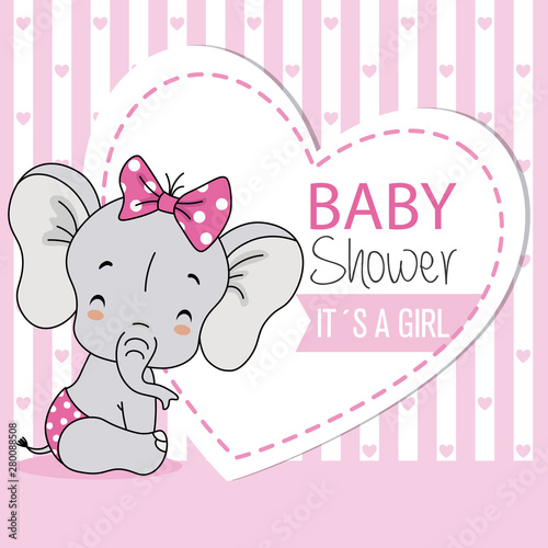 baby elephant sitting very smiling. Baby shower card