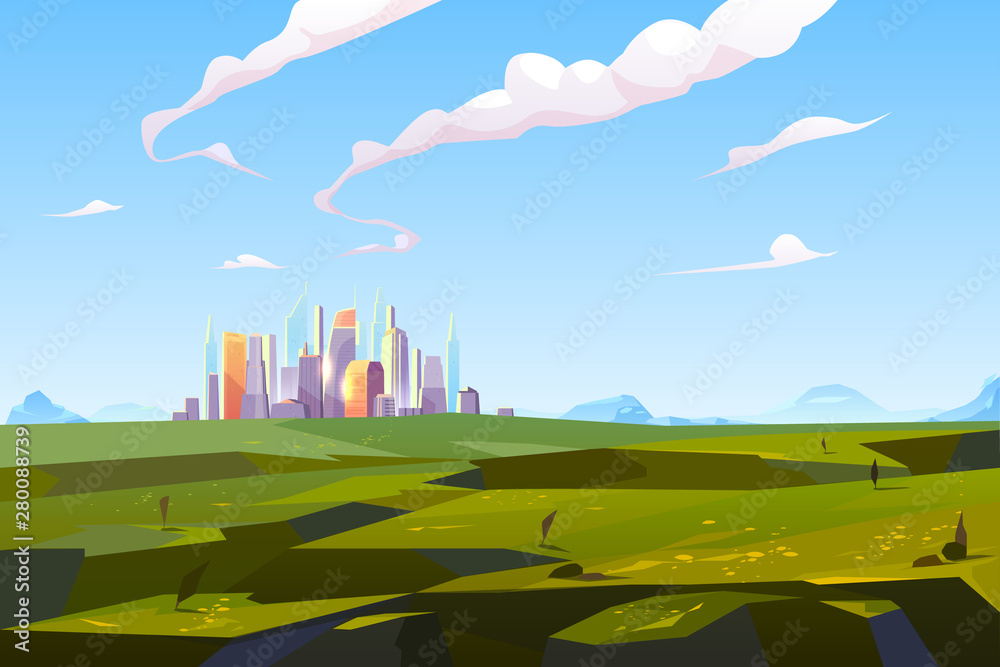 Futuristic city in green valley among mountains, modern megapolis with glass buildings stand on beautiful nature landscape background on summer time, skyscrapers reflect sun Cartoon vector