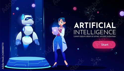 Artificial intelligence landing page, woman scientist in white robe stand with tablet in front of panda robot on ski-fi podium, neon glowing futuristic background Cartoon vector illustration, banner