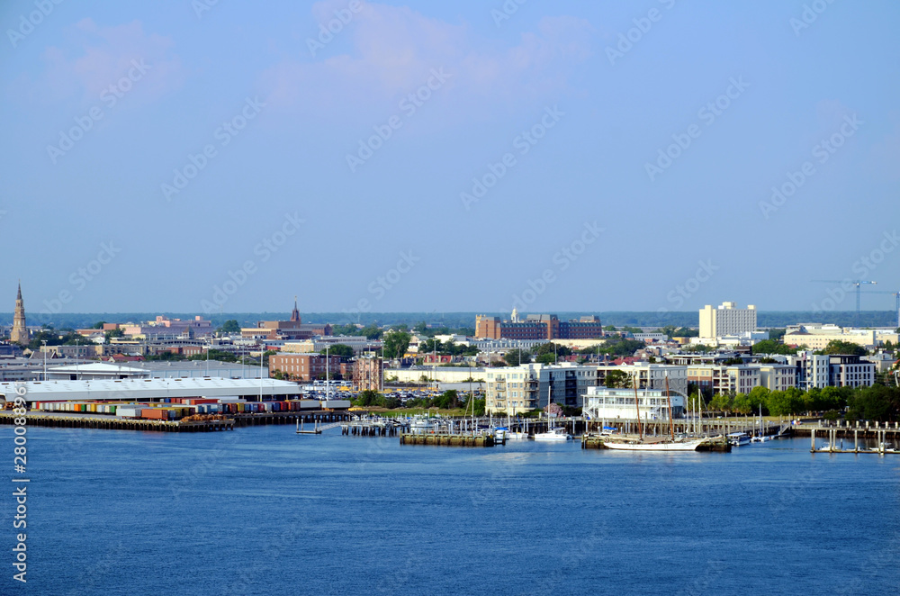 Panorama of the Charleston, South Carolina. View from the passing container ship. 