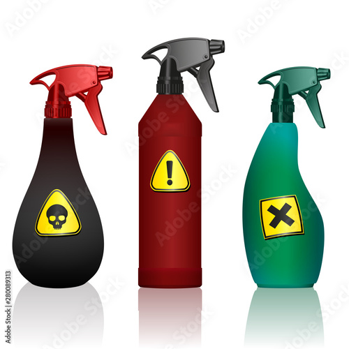 Poison spray bottles. Toxins, insecticides, pesticides, biocides with hazard warning signs. Caution poisonous. Isolated vector on white background.