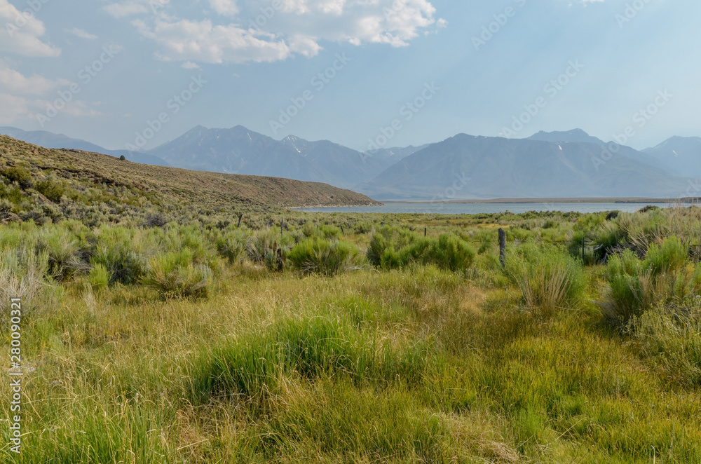 scenic view of Sierra Nevada mountains and Lake Crowley from Layton Springs (Mono county, California, USA)