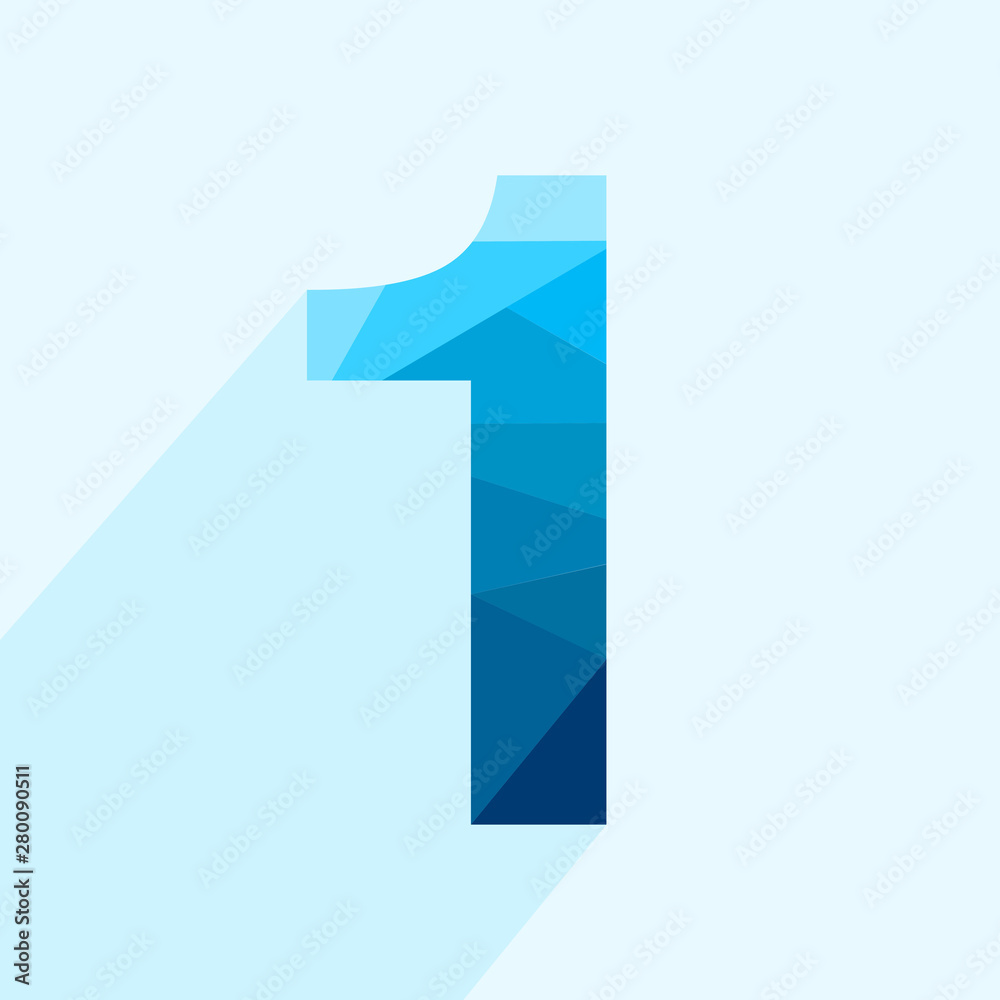 Blue vector polygon one number font with long shadow. Low poly illustration of flat design. Blue vector polygon one number font with long shadow. Low poly illustration of flat design.