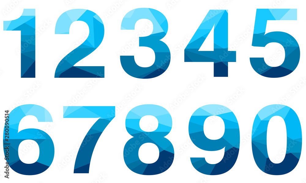 Set of blue vector polygon numbers font with long shadow. Low poly illustration of flat design. Set of blue vector polygon numbers font with long shadow. Low poly illustration of flat design.