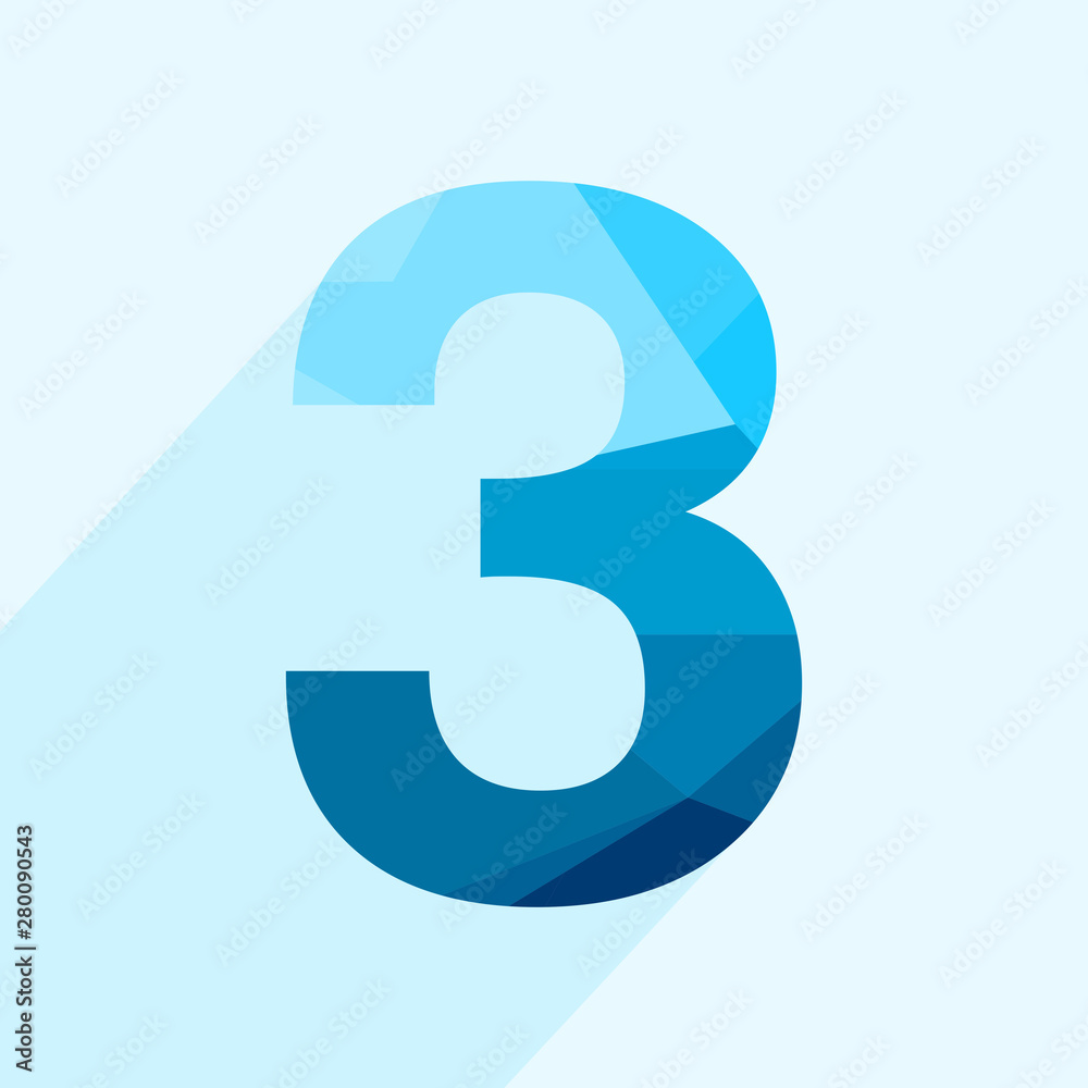 Blue vector polygon three number font with long shadow. Low poly illustration of flat design. Blue vector polygon three number font with long shadow. Low poly illustration of flat design.