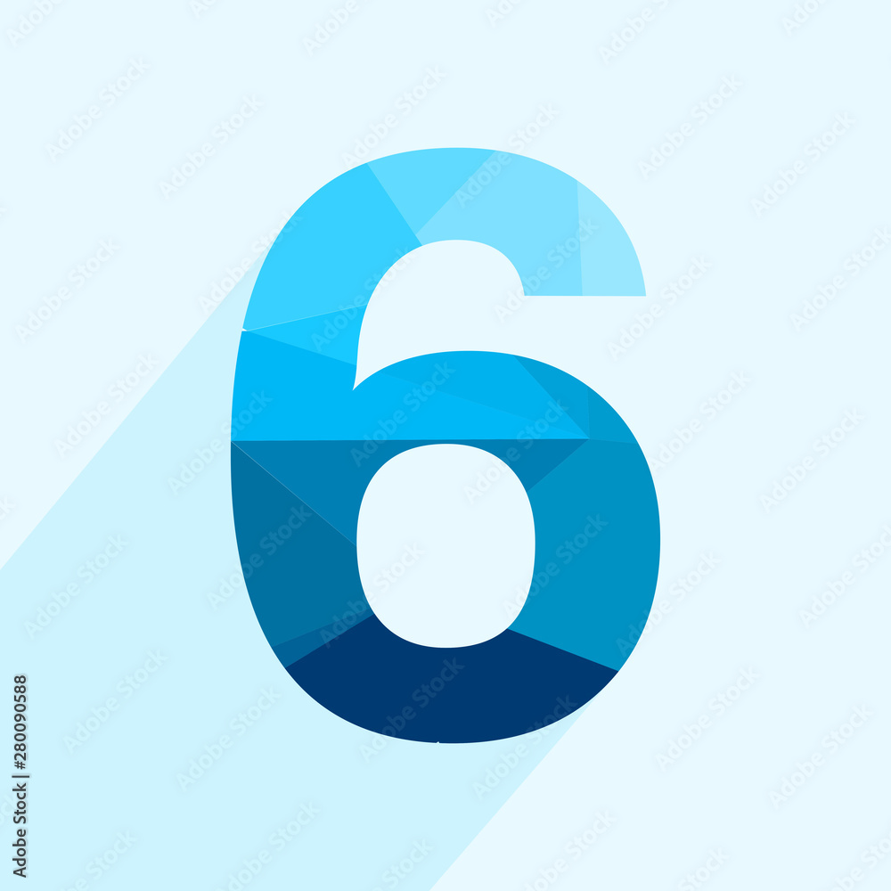 Blue vector polygon six number font with long shadow. Low poly illustration of flat design. Blue vector polygon six number font with long shadow. Low poly illustration of flat design.