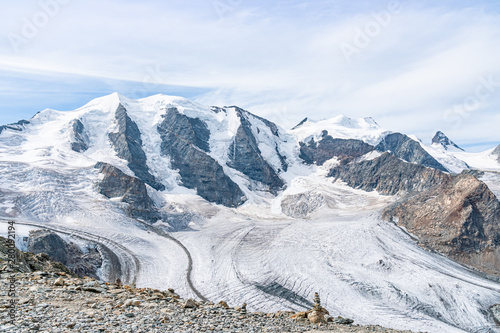 View for Morteratsch Glacier and panorama of Piz Berinia and Piz Palu in Switzerland. Swiss Alps.
