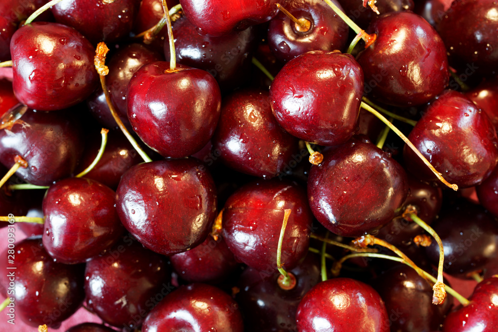 Large juicy berries of a sweet cherry covered with drops of water. Background. Large juicy berries of a sweet cherry covered with drops of water. Background.
