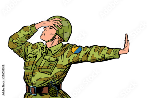 Caucasian soldier in uniform shame denial gesture no. anti militarism pacifist