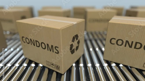 Cartons with condoms on roller conveyors. Loopable 3D animation photo