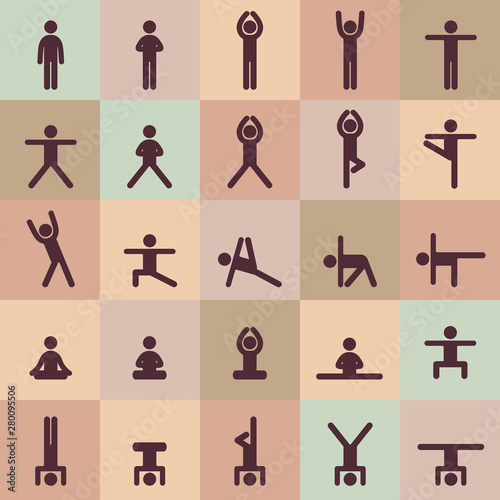 Yoga poses asanas icons set. Vector illustrations. For logo yoga branding. Yoga people infographics. Stick figures. Pilates stretch gymnastics fitness poses