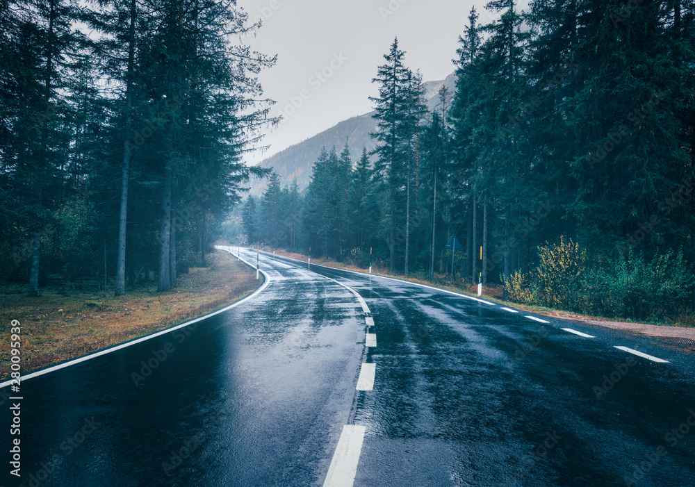 Road in the summer foggy forest in rain. Landscape with perfect asphalt mountain road in overcast rainy day. Roadway with reflection and green trees in fog. Vintage style. Empty highway. Travel Road in the summer foggy forest in rain. Landscape with perfect asphalt mountain road in overcast rainy day. Roadway with reflection and green trees in fog. Vintage style. Empty highway. Travel