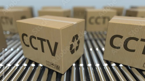 Cartons with CCTV equipment on roller conveyors. Loopable 3D animation photo