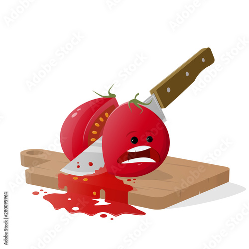 cartoon tomato cut by kitchen knife