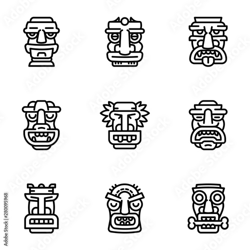 Tiki idol icon set. Outline set of 9 tiki idol vector icons for web design isolated on white background