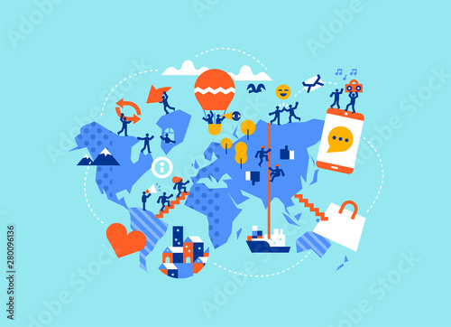 Social world map of diverse people in online apps