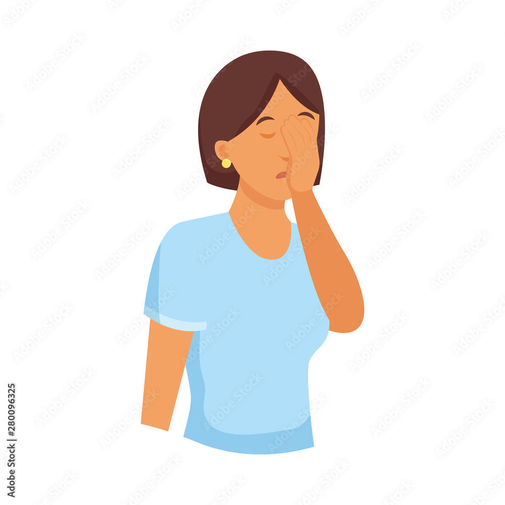 Cute brunette woman in blue shirt cover his face Cute brunette woman in blue shirt cover his face