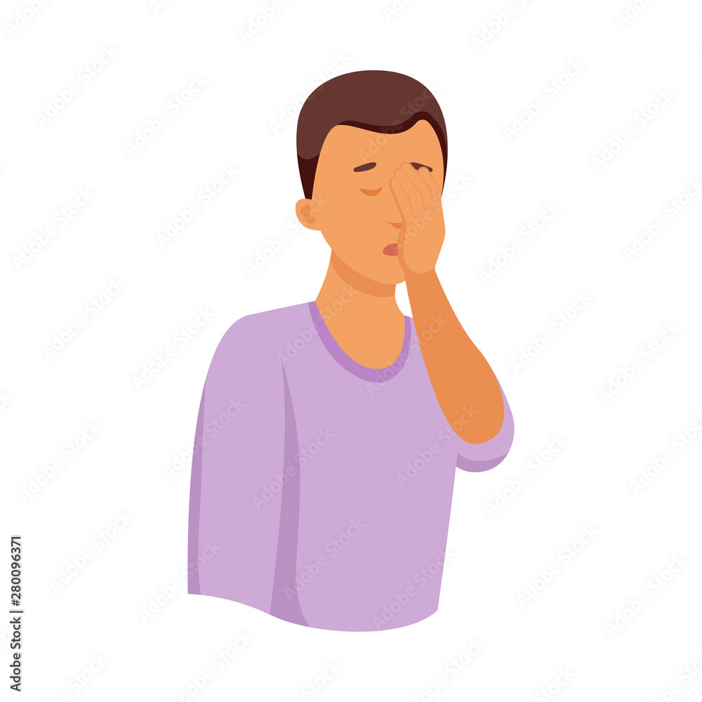 Brown hair man in violet shirt cover his face with hand palm Brown hair man in violet shirt cover his face with hand palm