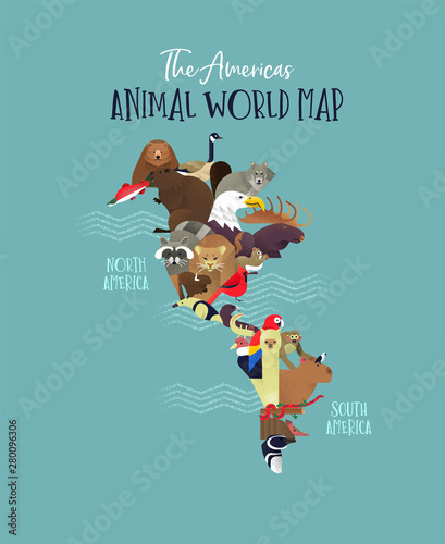 South North America continent animal map concept