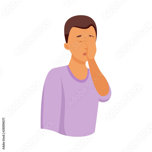 Brown hair man in violet shirt cover his face with hand palm