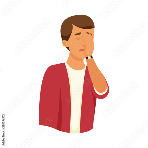 Young sad boy cover his face with hand palm