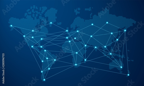 Blue dot world map for technology concept
