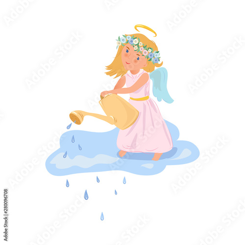 Cute blonde angel girl use watering can to shower