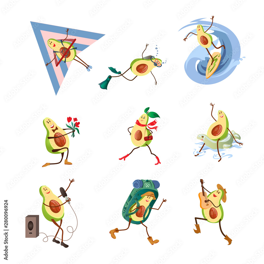 Naklejka premium Set of cute avocado character in different extreme activity