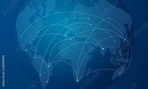 Blue dot globe world map for technology concept