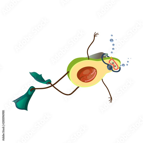 Cute avocado character is diving in deep sea with flippers