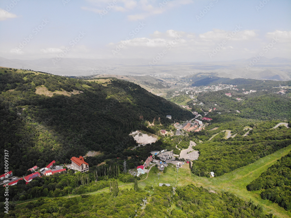 Aerial view on Ropeway in Caucasus Mountains