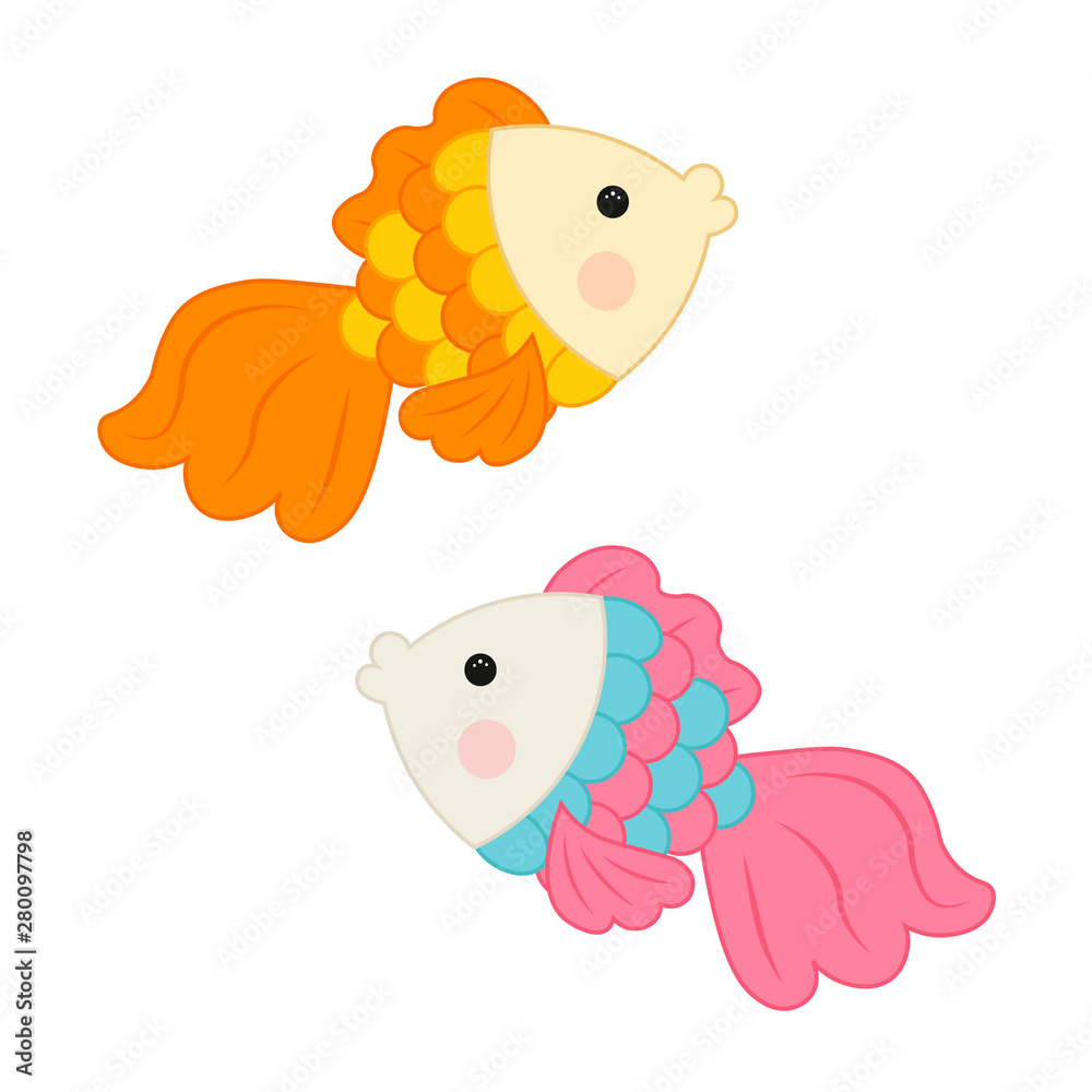 set cute vector illustration of small fishes. Fabulous pink fish and  goldfish for children. Stock Vector