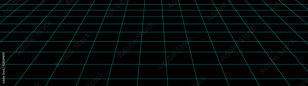 Vector perspective grid. Detailed lines on black background. Widescreen illustration.