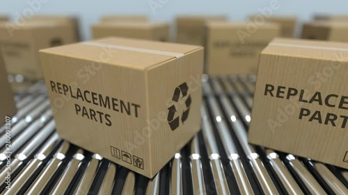 Boxes with replacement parts on roller conveyors. Loopable 3D animation photo