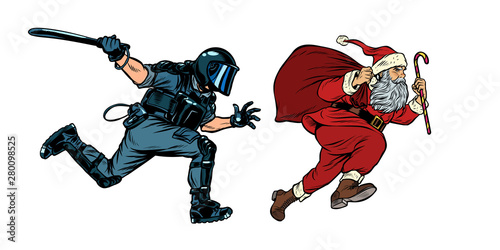 Santa Claus Christmas. riot police with a baton. discrimination against Christians