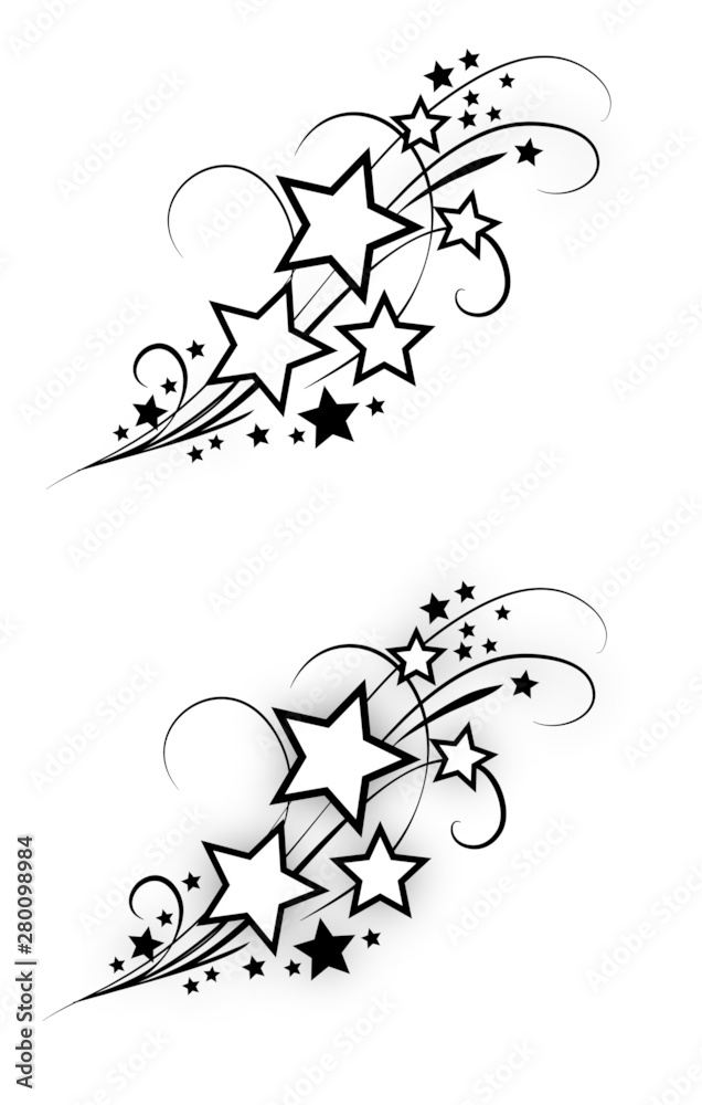 Shooting stars clipart, decorative stars illustration artwork line art, isolated white background. Tattoo art designs black and white Иллюстрация Stock