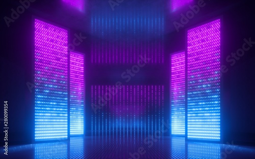 Fototapeta Naklejka Na Ścianę i Meble -  3d render, blue pink violet neon abstract background, ultraviolet light, night club empty room interior, tunnel or corridor, glowing panels, fashion podium, performance stage decorations,
