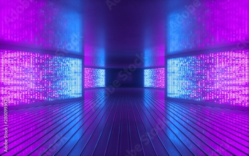 Fototapeta Naklejka Na Ścianę i Meble -  3d render, blue pink neon light abstract background, night club empty room interior, tunnel or corridor, glowing panels, fashion podium, performance stage decorations,