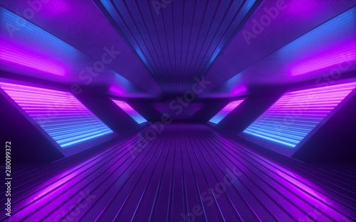 Fototapeta Naklejka Na Ścianę i Meble -  3d render, blue pink violet neon abstract background, ultraviolet light, night club empty room interior, tunnel or corridor, glowing panels, fashion podium, performance stage decorations,