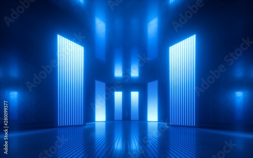 Fototapeta Naklejka Na Ścianę i Meble -  3d render, blue neon abstract background, ultraviolet light, night club empty room interior, tunnel or corridor, glowing panels, fashion podium, performance stage decorations,