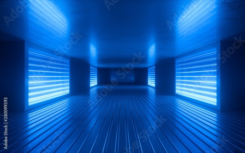 Fototapeta Naklejka Na Ścianę i Meble -  3d render, blue neon abstract background, ultraviolet light, night club empty room interior, tunnel or corridor, glowing panels, fashion podium, performance stage decorations,