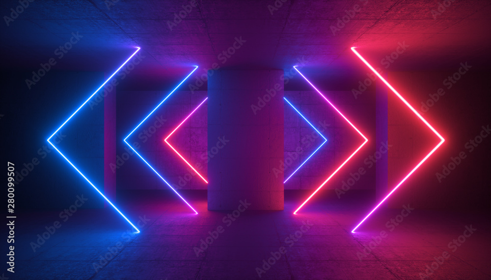 3d render, neon light glowing arrows, cyber space in virtual reality, concrete column in underground parking, tunnel, corridor, ultraviolet abstract background - obrazy, fototapety, plakaty 