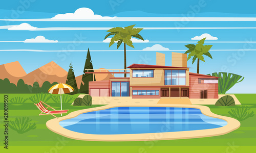 Modern villa on residence in exotic country, expensive mansion in lahdscape tropics
