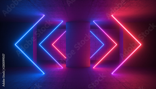 Fototapeta Naklejka Na Ścianę i Meble -  3d render, neon light glowing arrows, cyber space in virtual reality, concrete column in underground parking, tunnel, corridor, ultraviolet abstract background